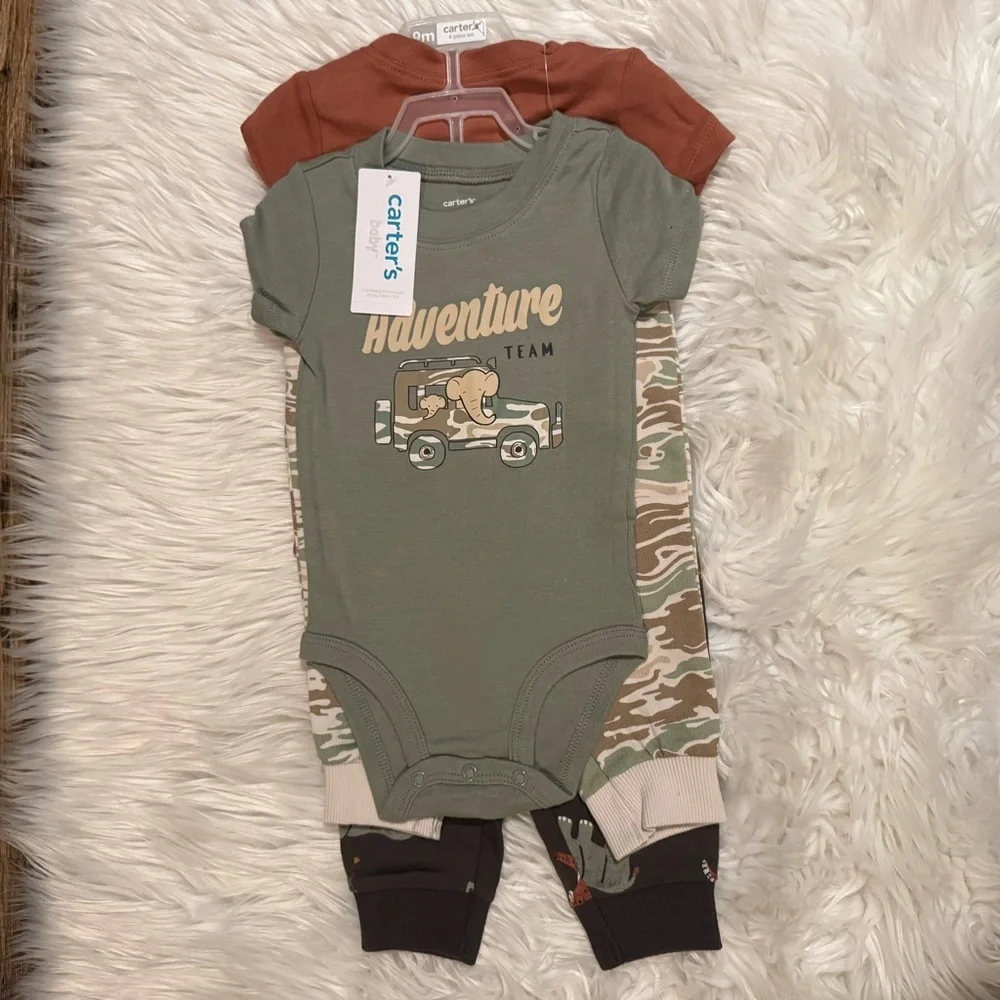 Carter’s 4pc Bodysuit Pants Set Baby Boy 9M Green Brown Safari Animals NWT